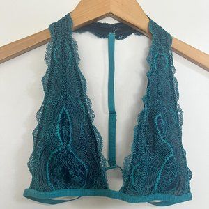 Free People Intimates Teal and Aqua Halter Bralette with Floral Embroidery
